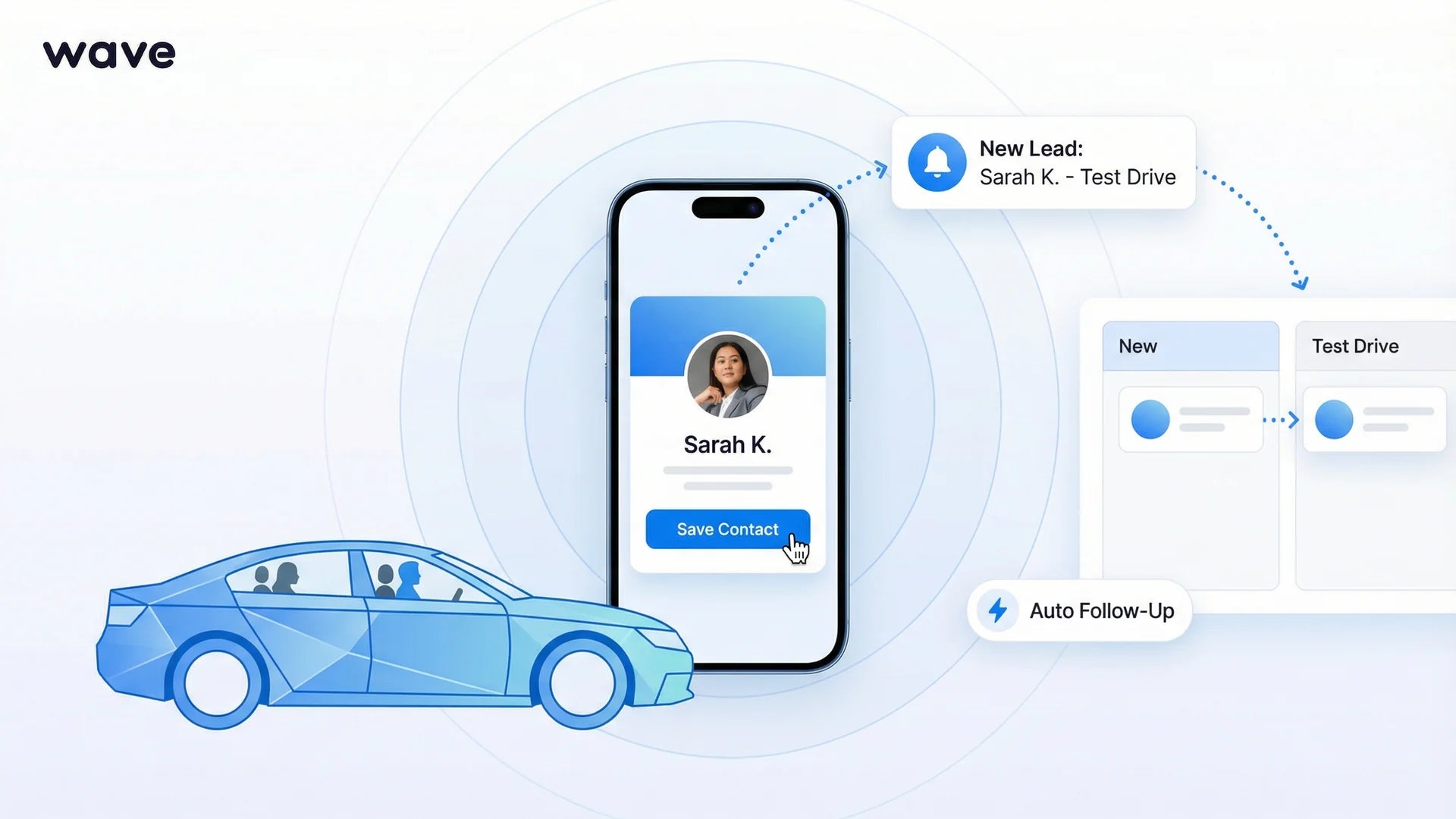 Lead capture during car test drive showing digital card exchange and CRM notification